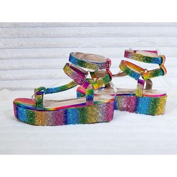 Pazzle 2" Platform Harness Strap Sparkling Rainbow Rhinestone Sandals Comfy - Picture 1 of 9